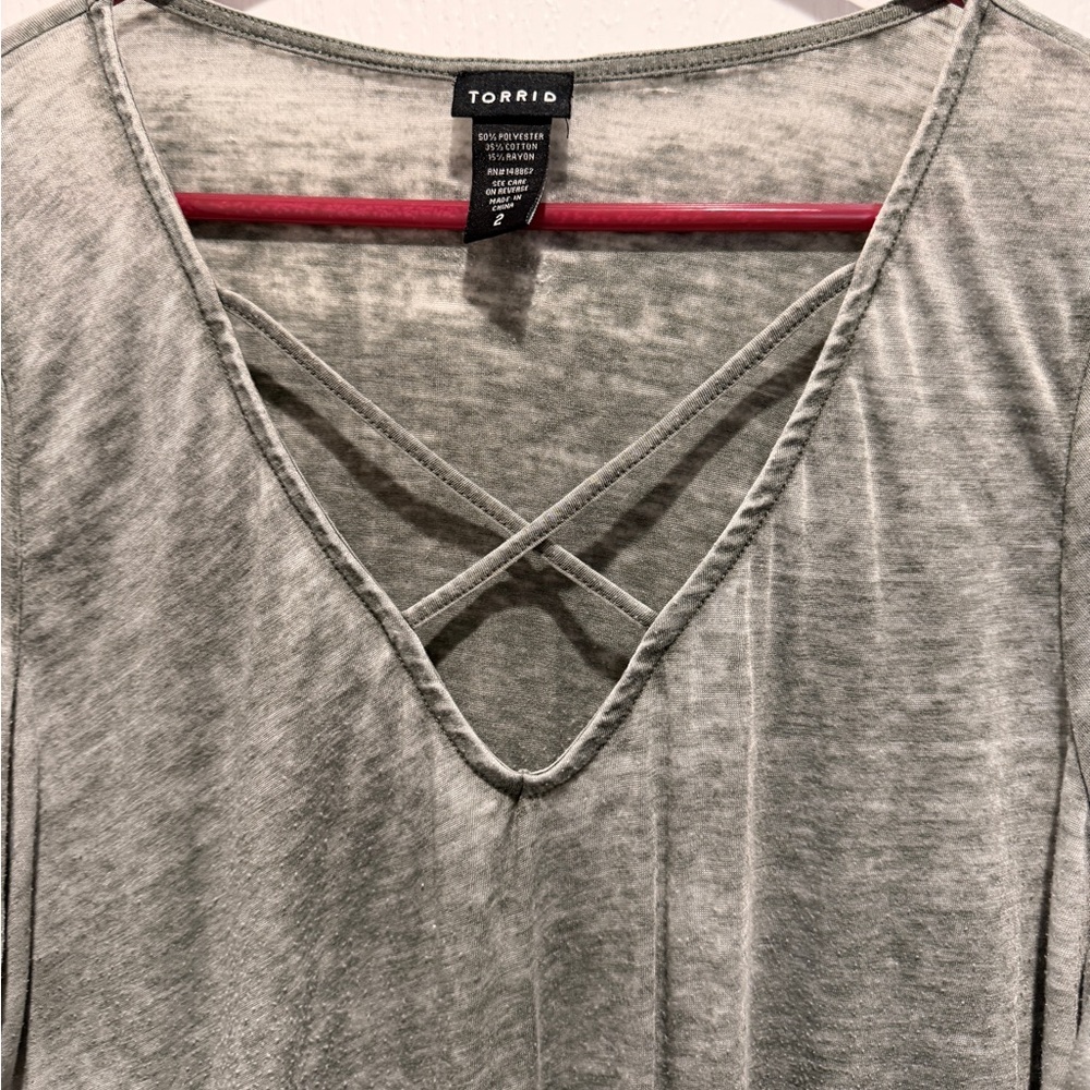 Torrid Gray Mineral Wash Criss Cross V Neck Tunic Top Plus Size 2X